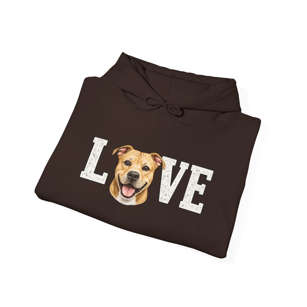 Pit Bull Love Hoodie — "LOVE" with Happy Pit Bull Dog Face | Pet Lover Pullover