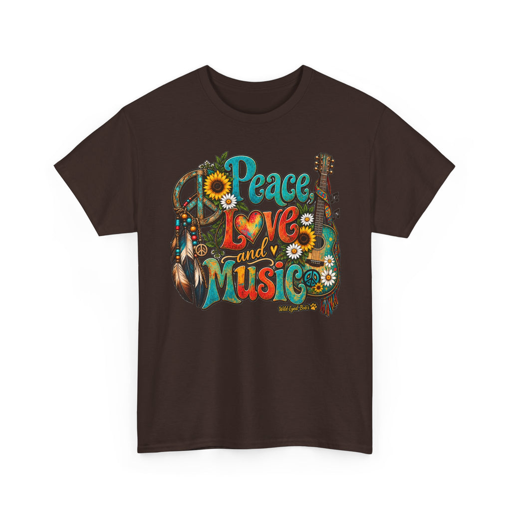 Peace Love Music T-Shirt — Retro Hippie Sunflower Graphic Tee