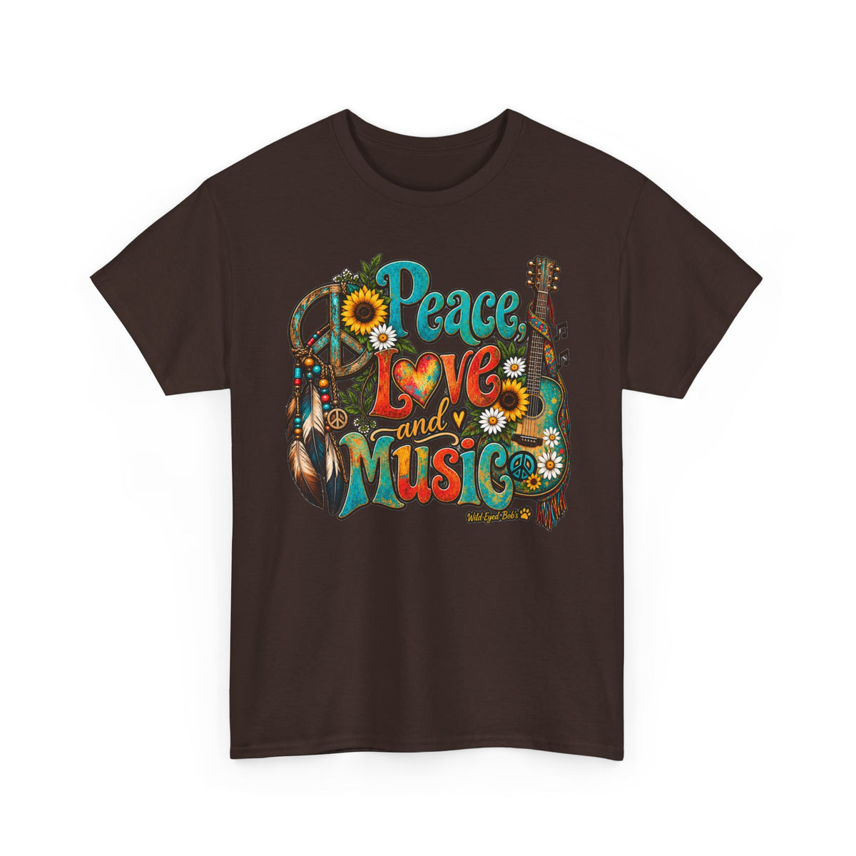 Peace Love Music T-Shirt — Retro Hippie Sunflower Graphic Tee