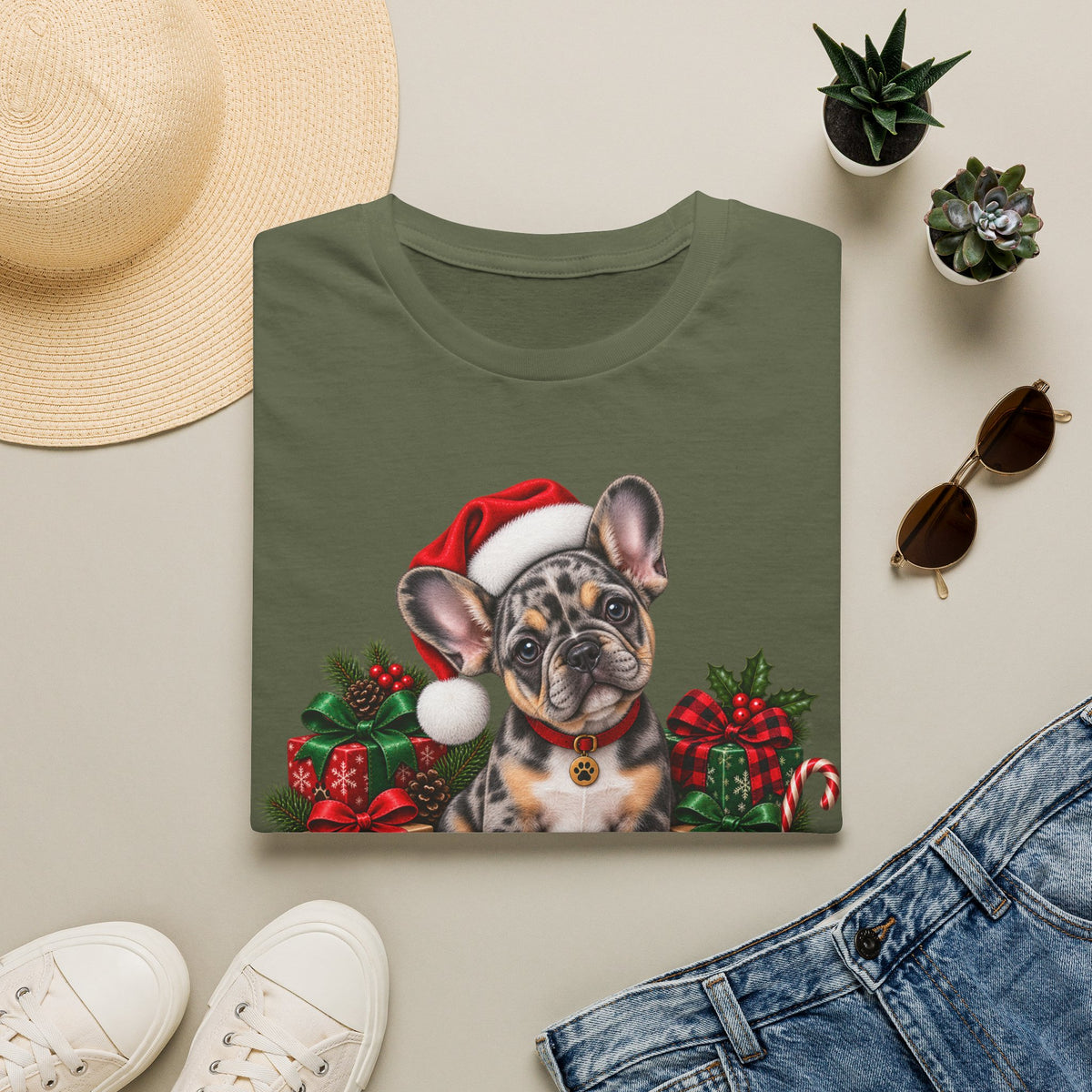 French Bulldog Christmas T-Shirt — Cute Santa Pup Holiday Tee