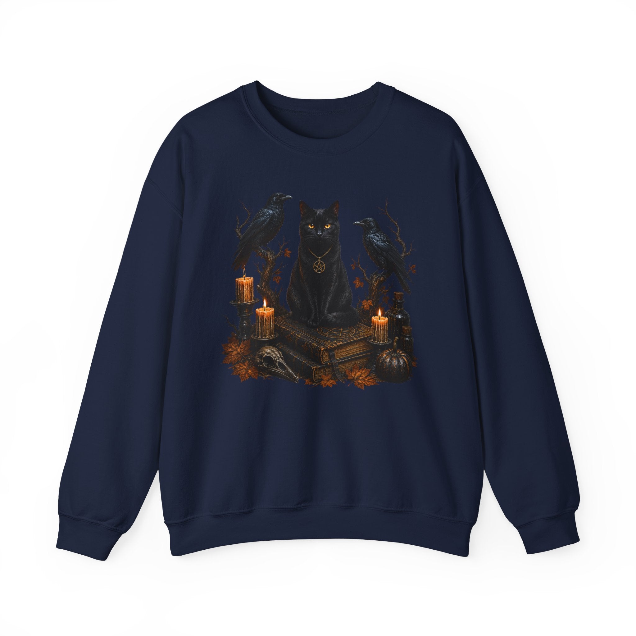Witchy Black Cat Sweatshirt — Gothic Candle & Raven Halloween Crewneck