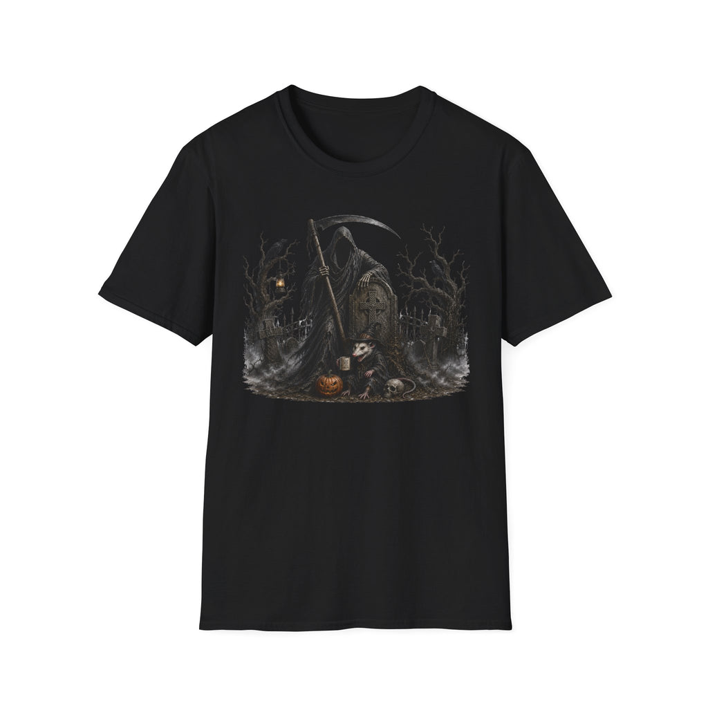 Grim Reaper Cemetery T-Shirt — Gothic Halloween Scythe Design