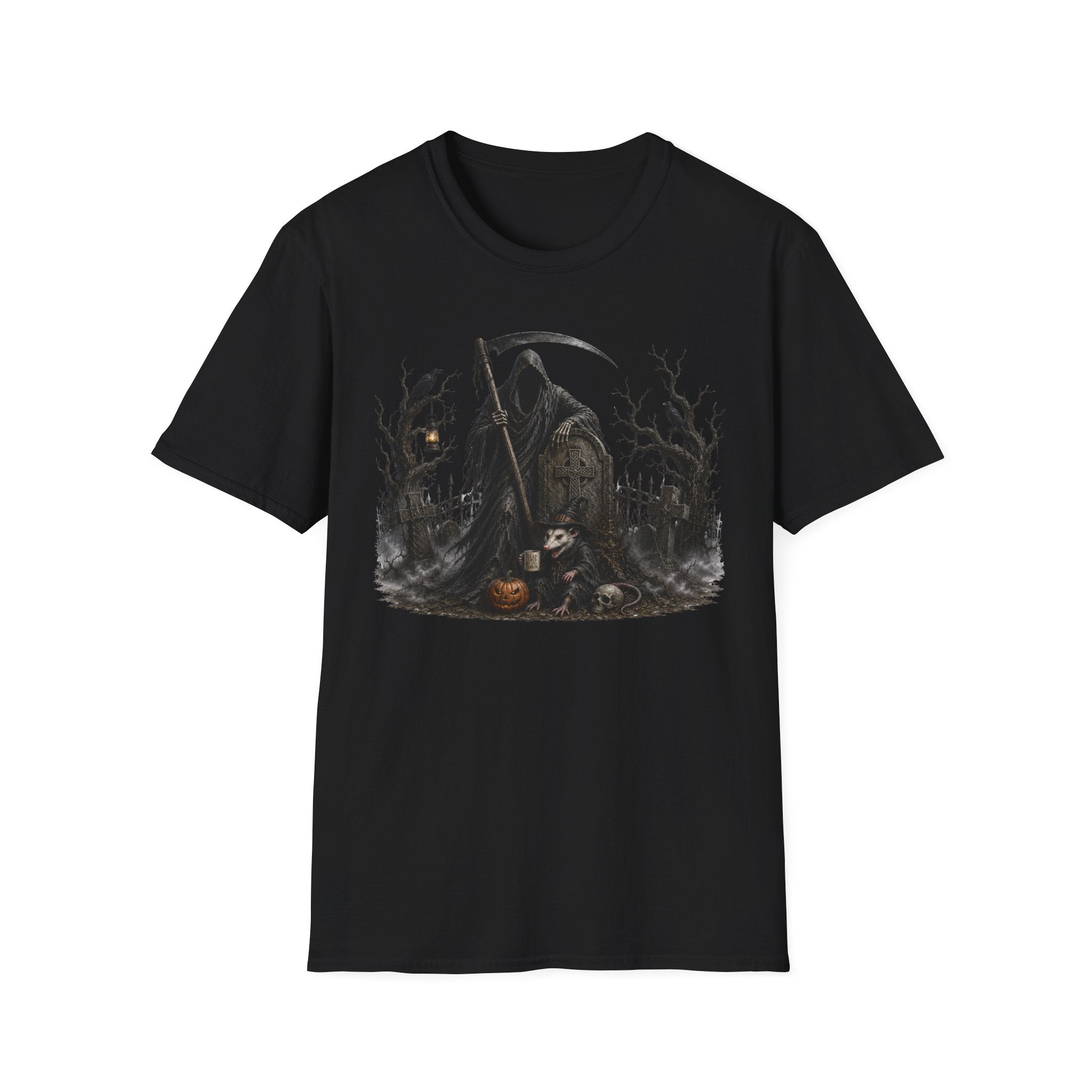 Grim Reaper Cemetery T-Shirt — Gothic Halloween Scythe Design