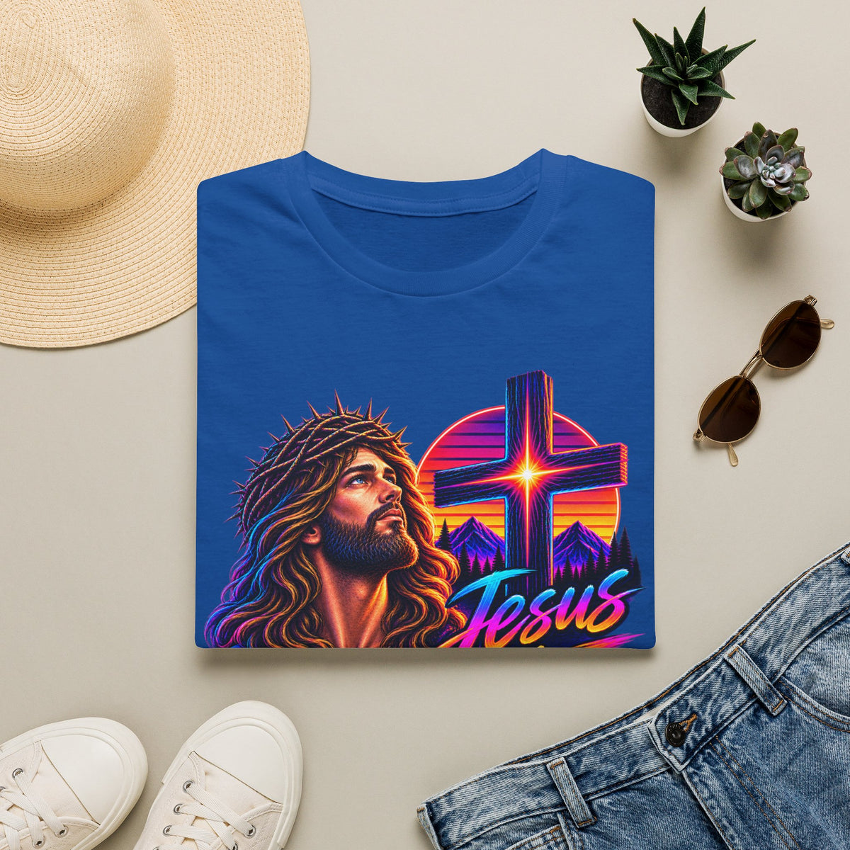 Jesus Is King T‑Shirt — Retro Neon Cross & Christ Portrait