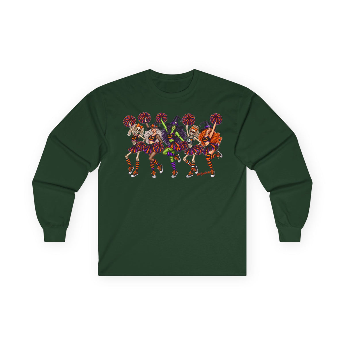 Cheerleader Skeletons and Witches Halloween Long Sleeve Tee