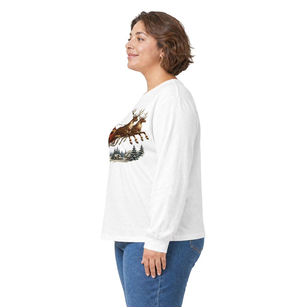 Santa Sleigh Long Sleeve Tee — Vintage Christmas Reindeer Shirt