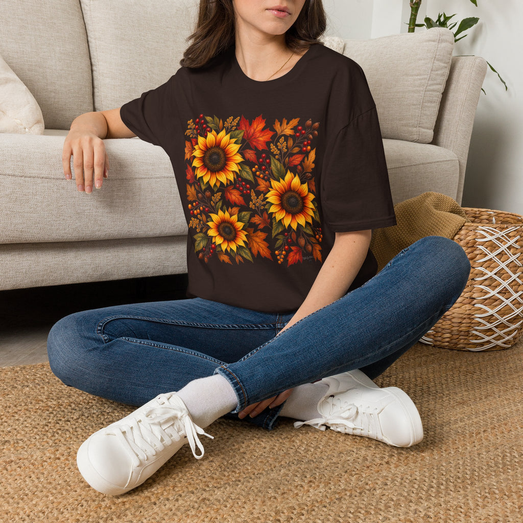 Sunflower & Autumn Leaves T-Shirt — Fall Floral Tee