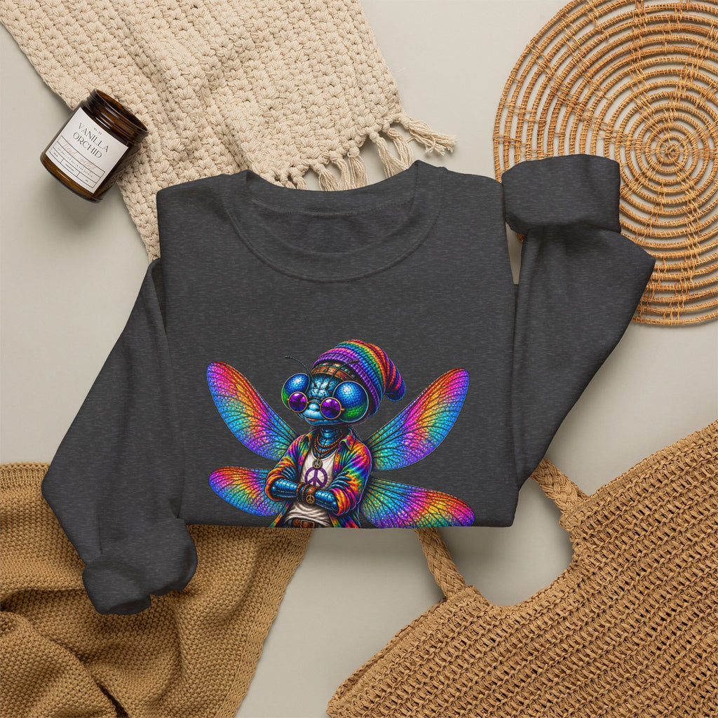 Neon Dragonfly Crewneck Sweatshirt — Rainbow Cyberpunk Kitty Graphic
