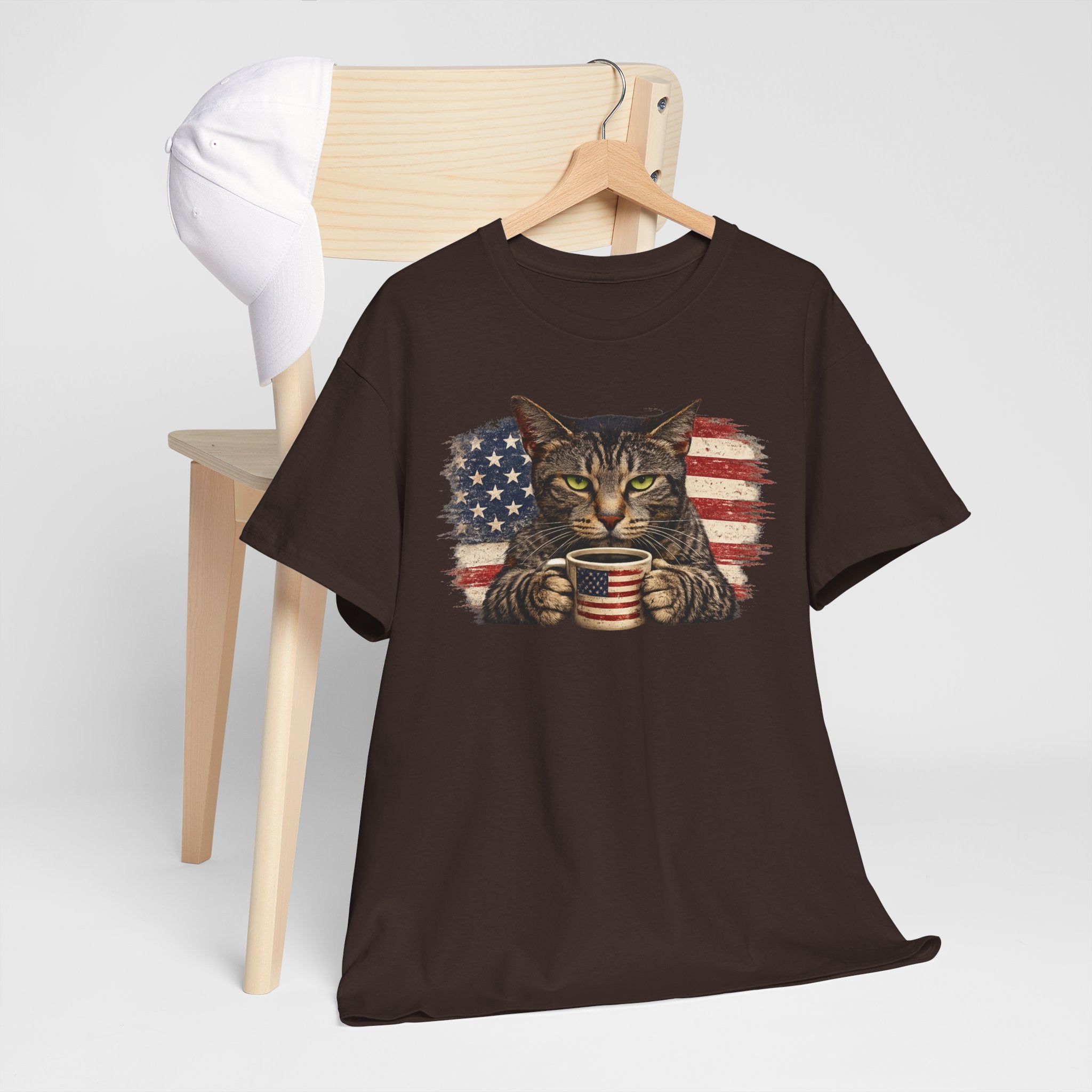 American Flag Cat T‑Shirt — Patriotic Kitten with Coffee Cup