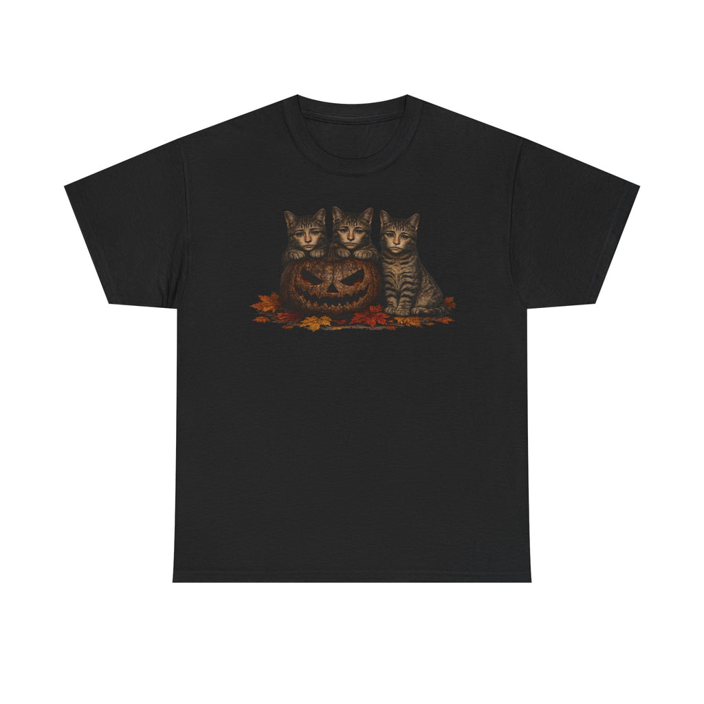 Halloween Cats T-Shirt — Trio of Kittens with Jack-O'-Lantern Fall Tee