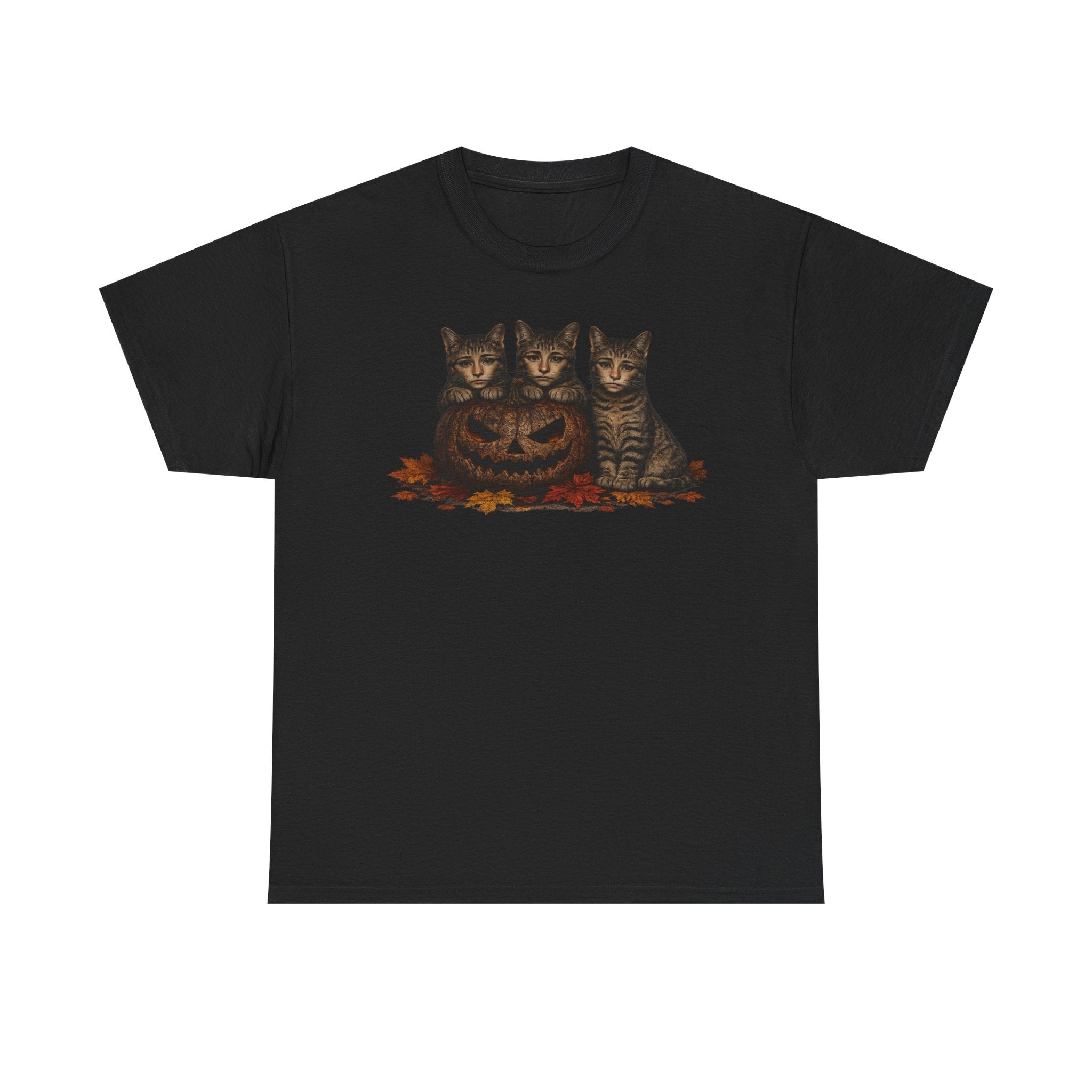 Halloween Cats T-Shirt — Trio of Kittens with Jack-O'-Lantern Fall Tee