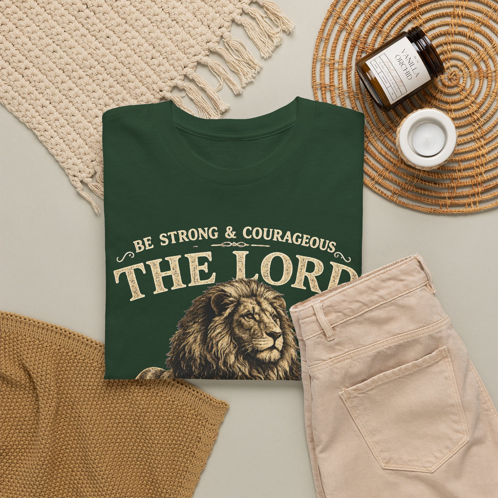 Christian Lion T-Shirt — "Be Strong & Courageous: The Lord Your God" Faith Tee