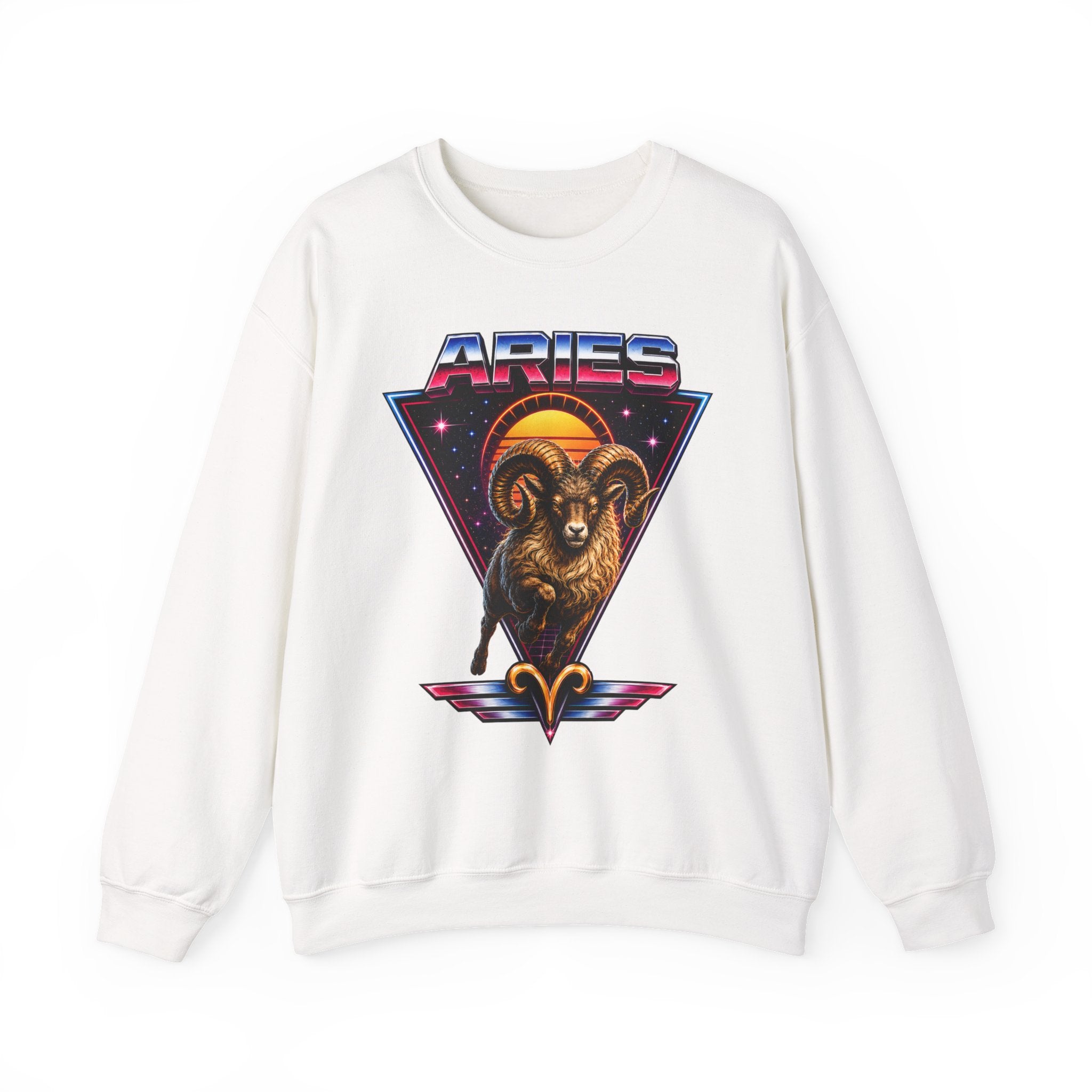 Aries Zodiac Crewneck Sweatshirt — 80s Retro Ram Astrology Graphic