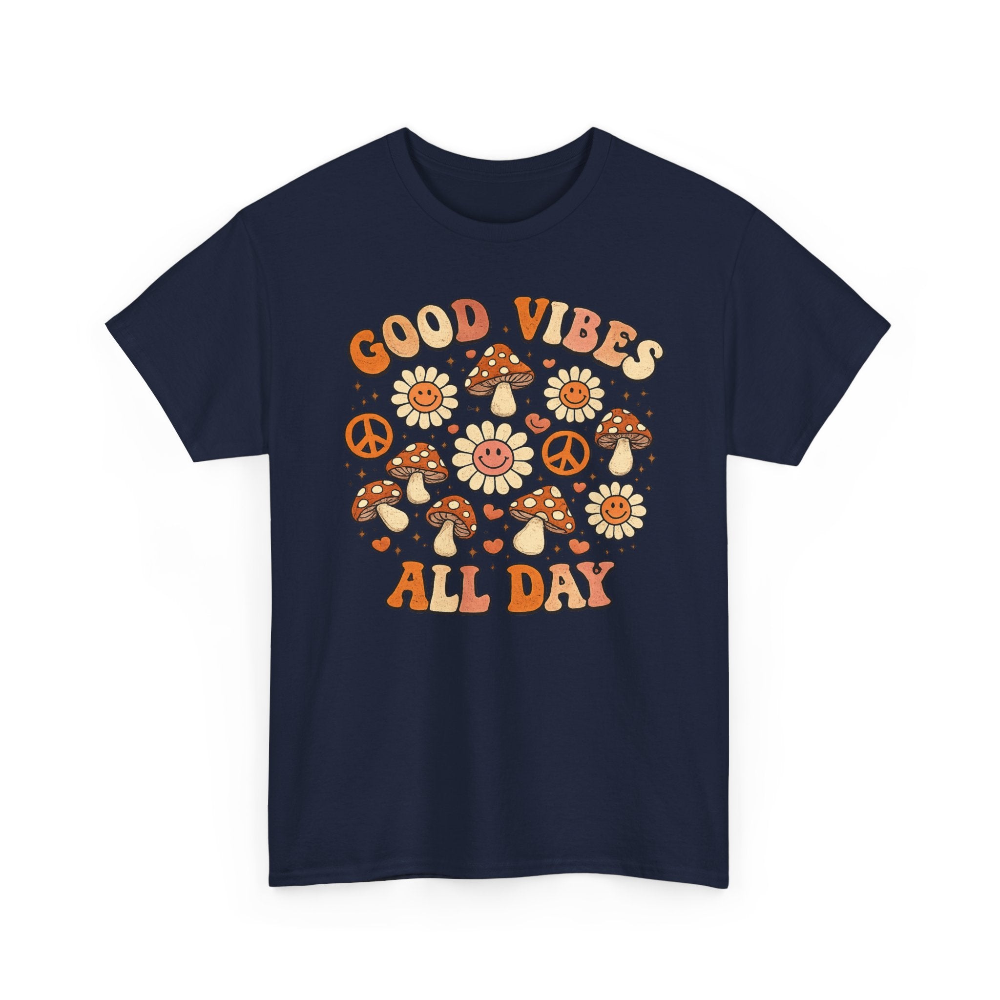 Boho-Good Vibes All Day T-Shirt — Retro Mushroom & Daisy Graphic Tee