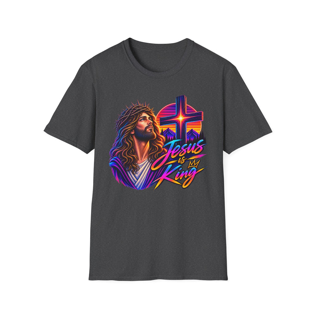 Jesus Is King T‑Shirt — Retro Neon Cross & Christ Portrait