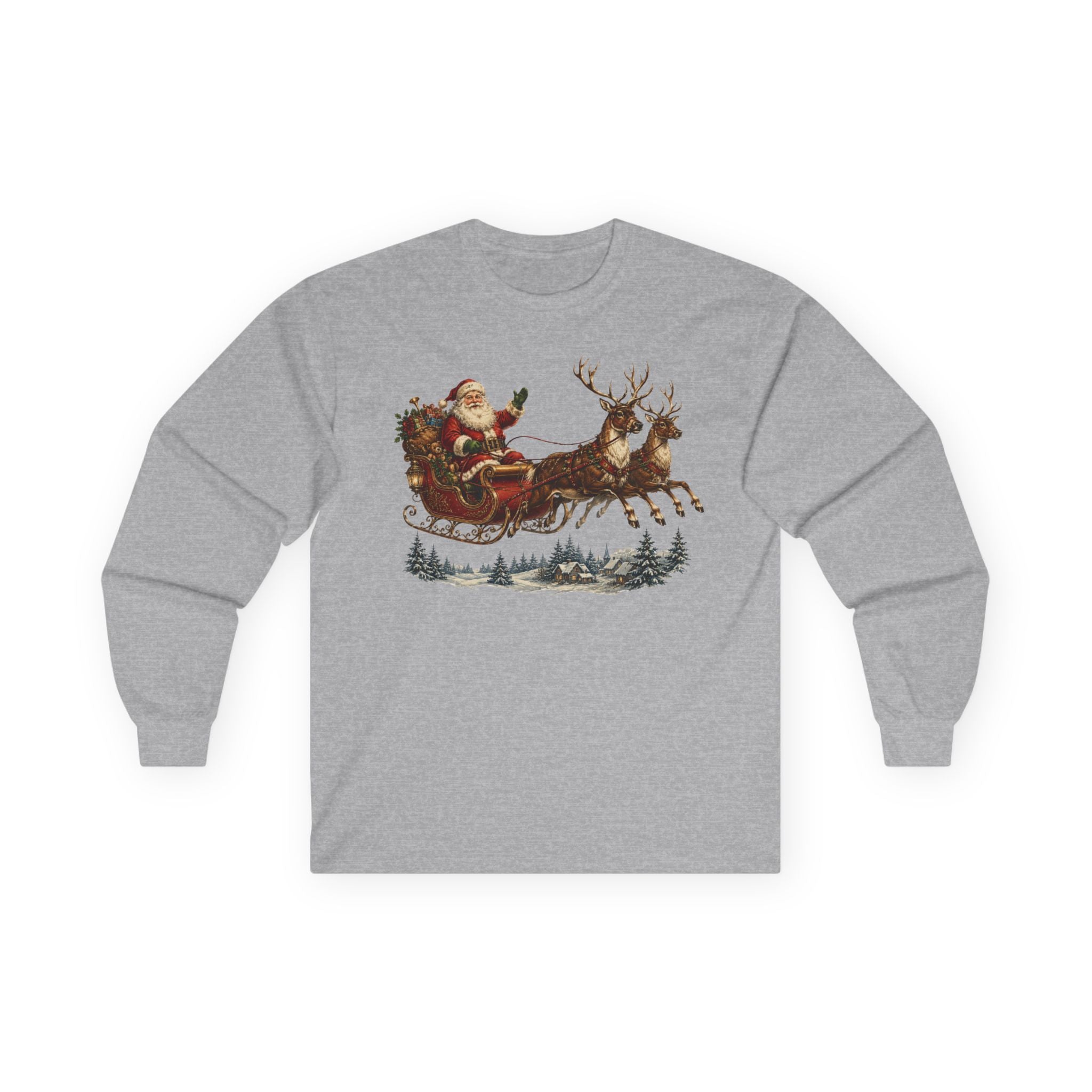 Santa Sleigh Long Sleeve Tee — Vintage Christmas Reindeer Shirt