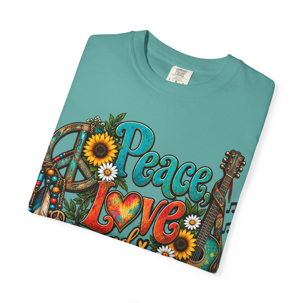 Peace, Love & Music Graphic T-Shirt — Retro Hippie Guitar Sunflower Tee