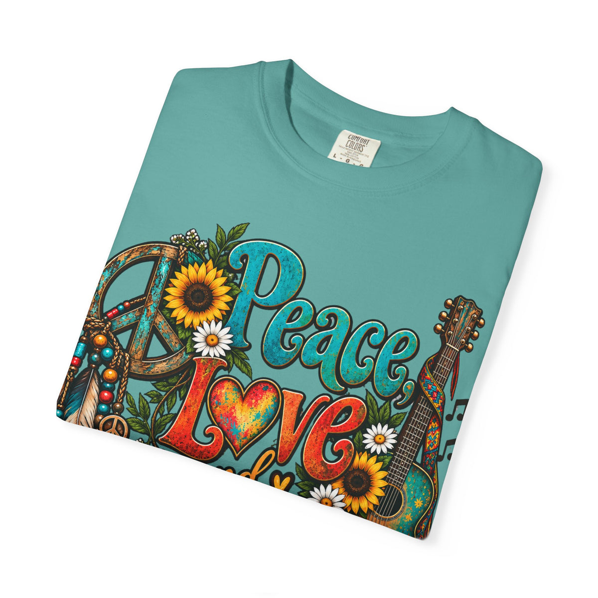 Peace, Love & Music Graphic T-Shirt — Retro Hippie Guitar Sunflower Tee