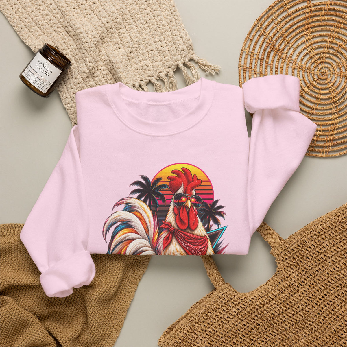 Rooster Sunset Crewneck Sweatshirt — Tropical Farm Rooster Graphic