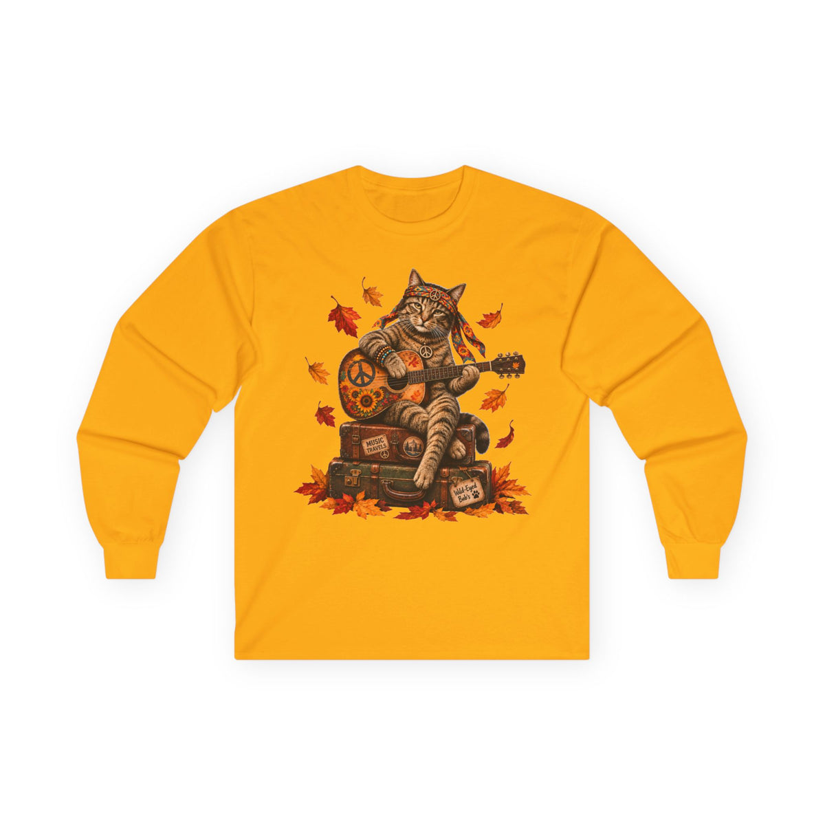 Boho Cat Guitar T- Shirt - Hippie Cat Fall Shirt, Peace Love Music tee