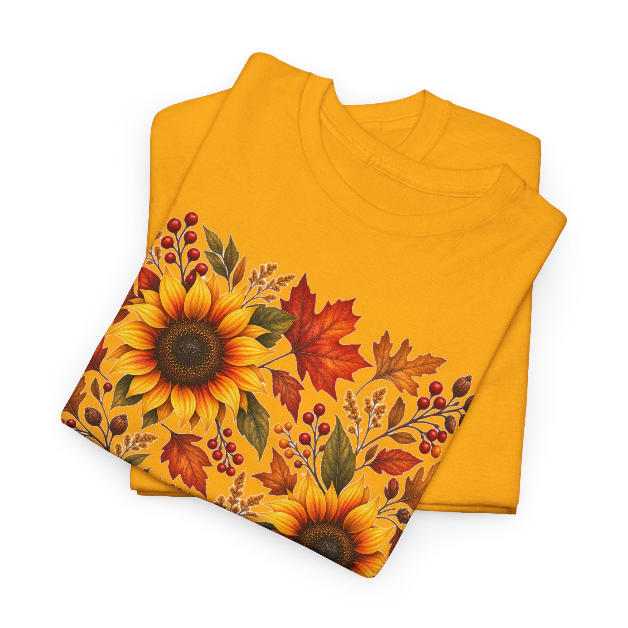 Sunflower & Autumn Leaves Tee — Fall Floral Graphic T-Shirt