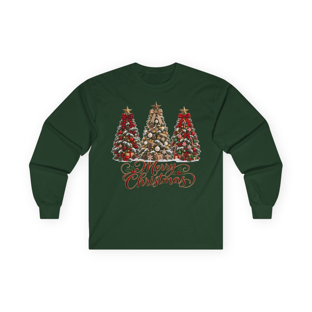Long Sleeve Tee — Festive 'Merry Christmas' Triple Tree Holiday Graphic