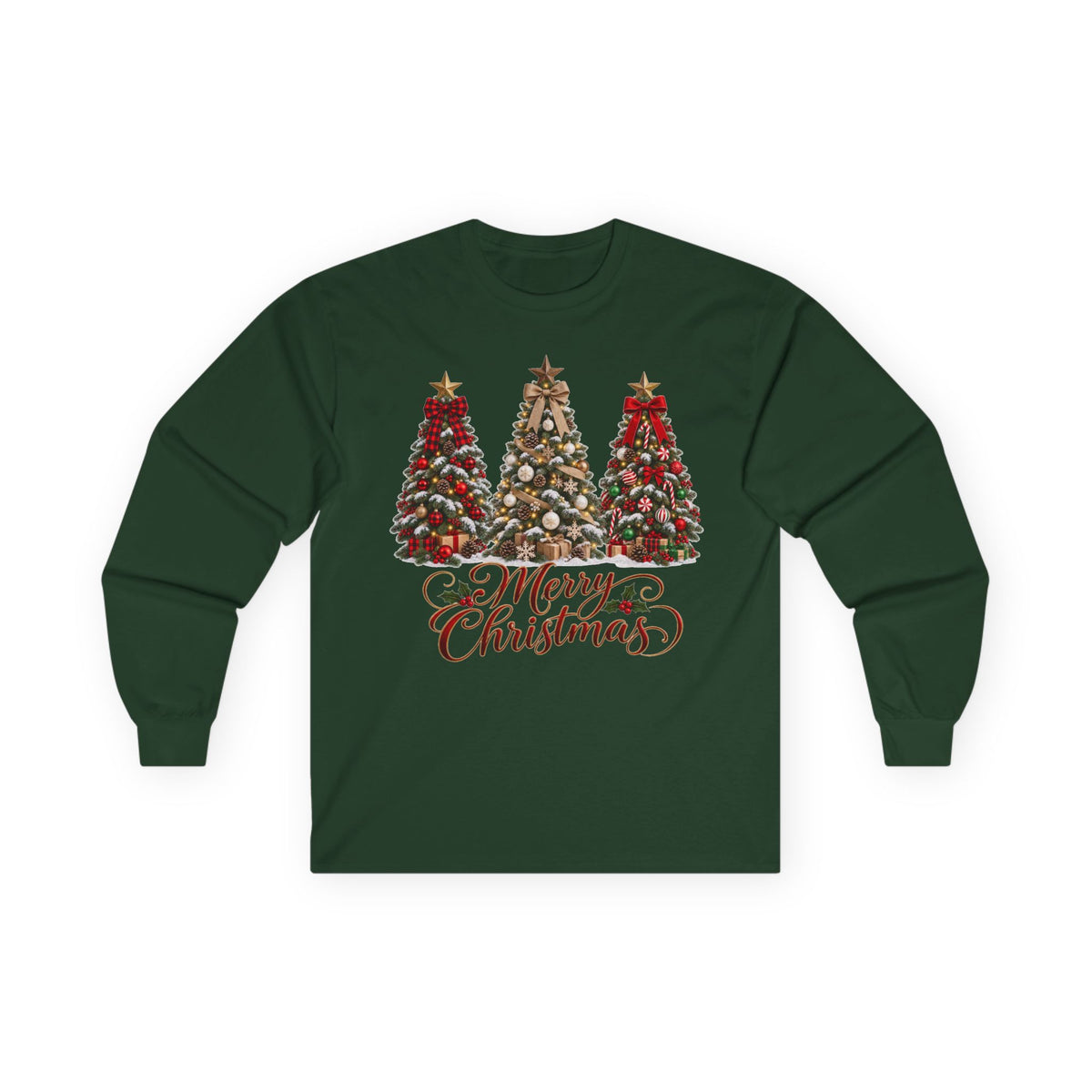 Long Sleeve Tee — Festive 'Merry Christmas' Triple Tree Holiday Graphic