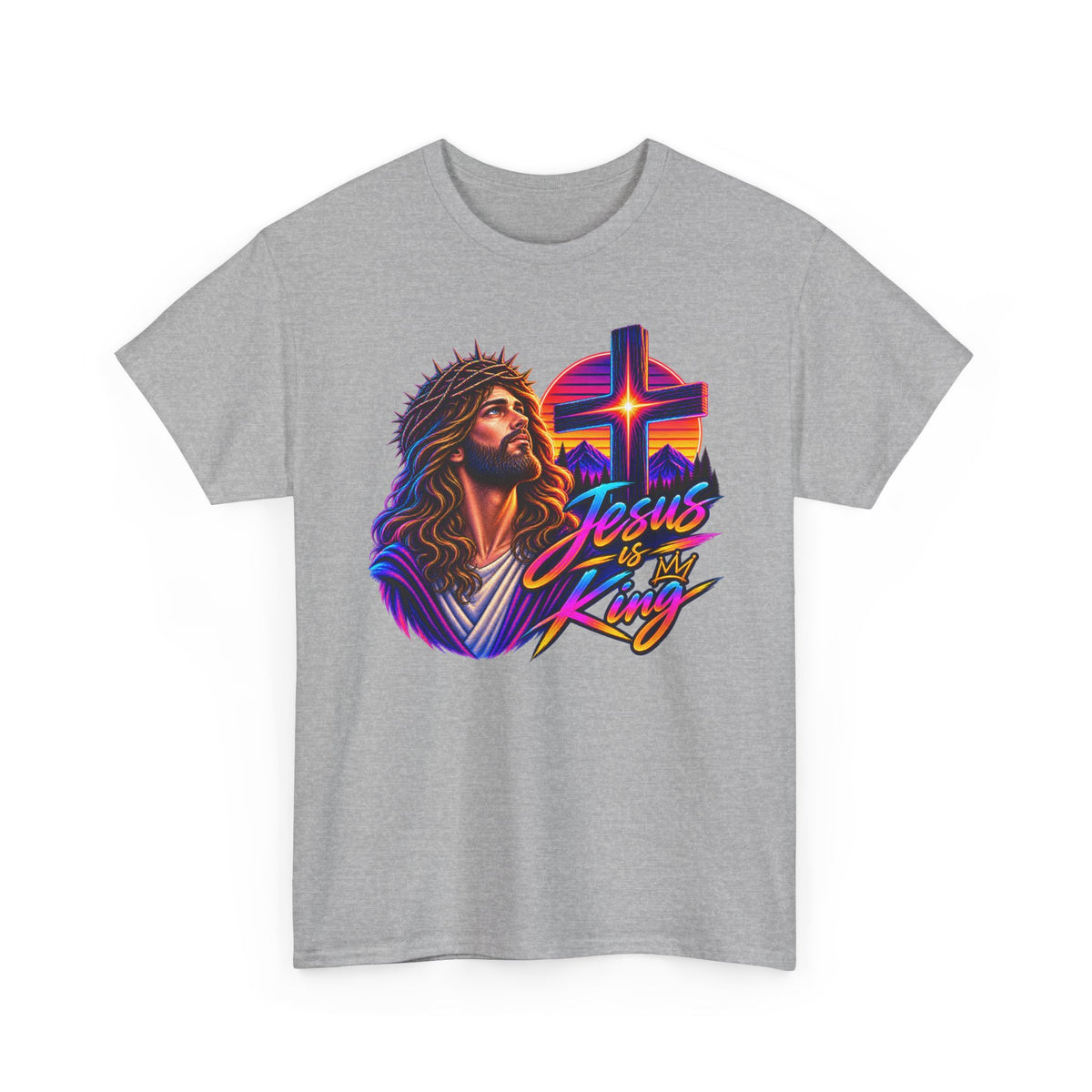 Jesus Is King T-Shirt — Neon Portrait Cross Christian Tee