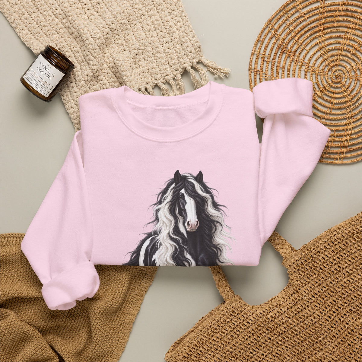 Gypsy Vanner Horse Crewneck Sweatshirt — Black & White Fluffy Pony Graphic