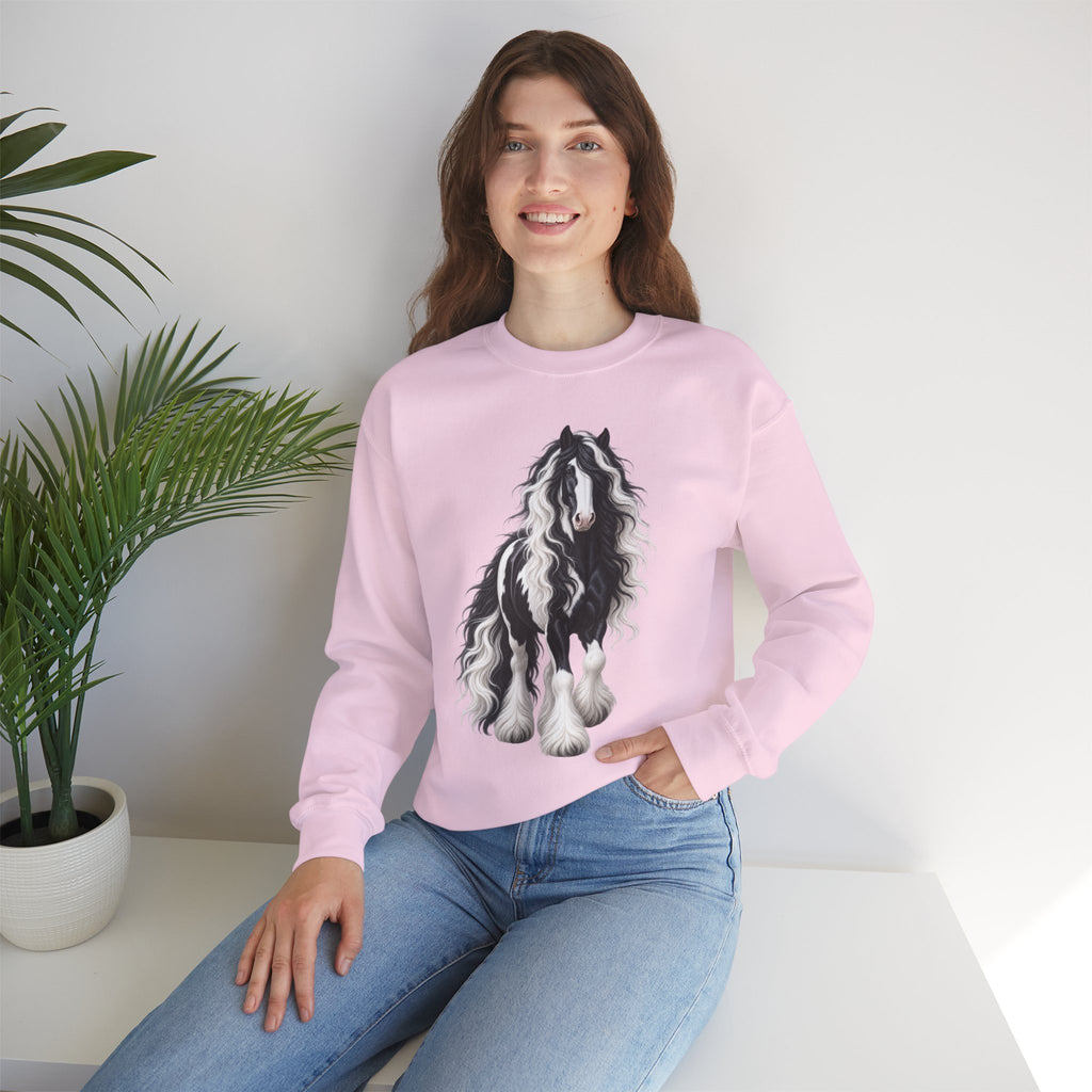 Gypsy Vanner Horse Crewneck Sweatshirt — Black & White Fluffy Pony Graphic