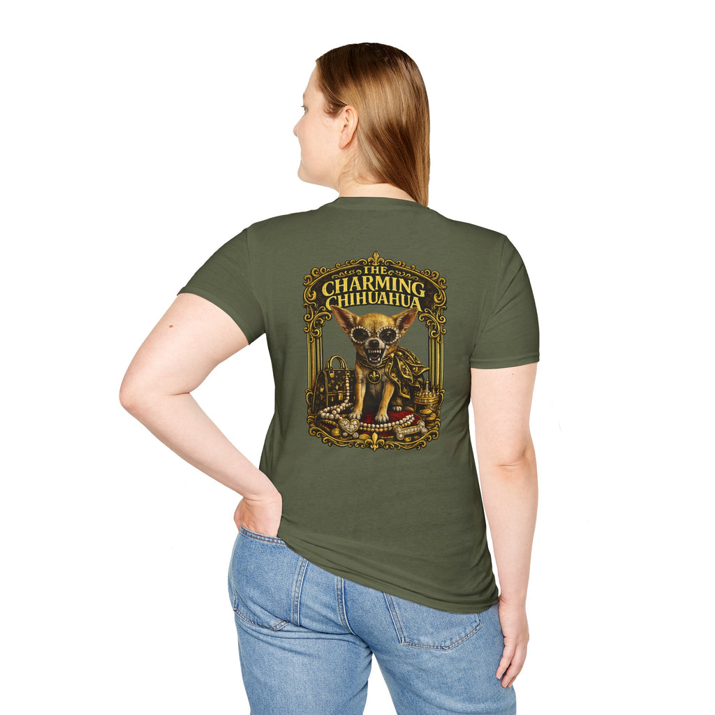 Chihuahua-Charming Chihuahua Graphic Tee — “The Charming Chihuahua” Cute Dog Lover T-Shirt --front and back print