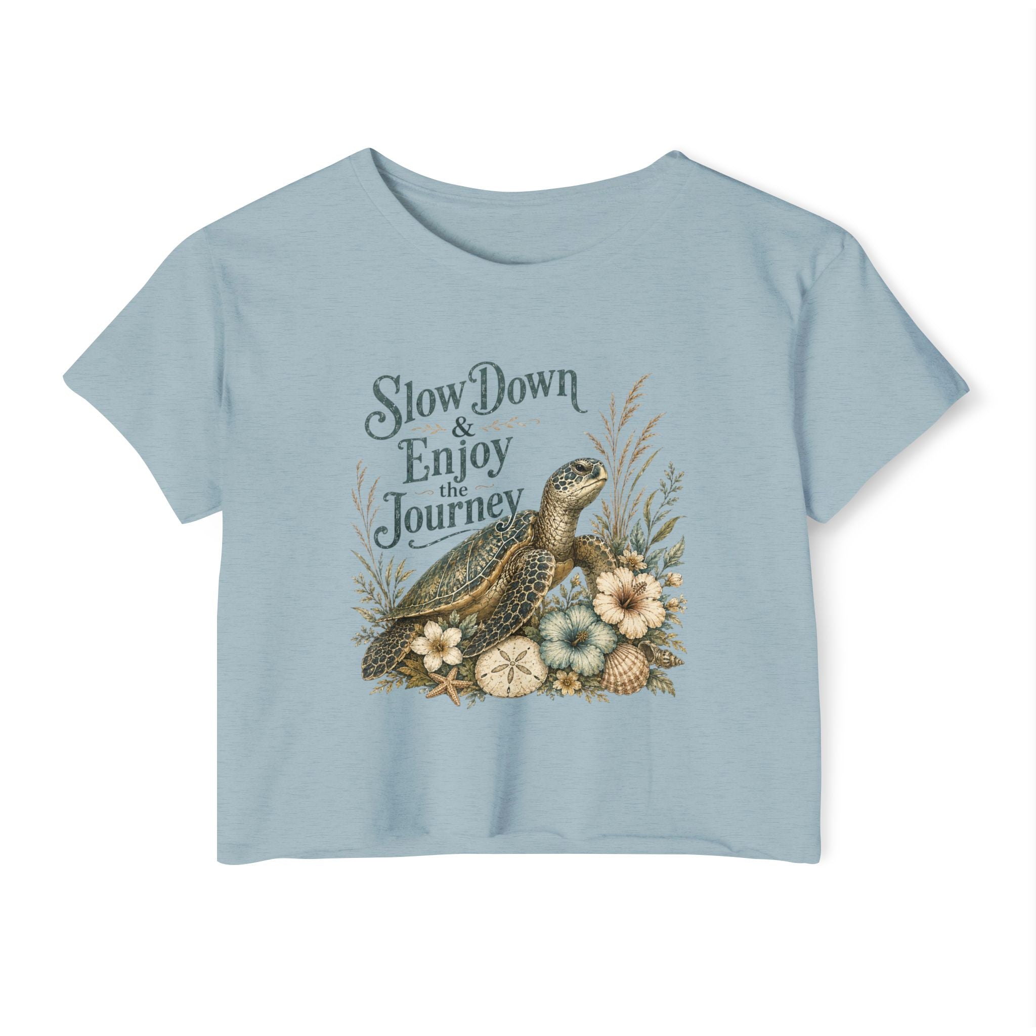 Women’s beach vibe Crop Top — “Slow Down & Enjoy the Journey” Sea Turtle Floral Festival Tee
