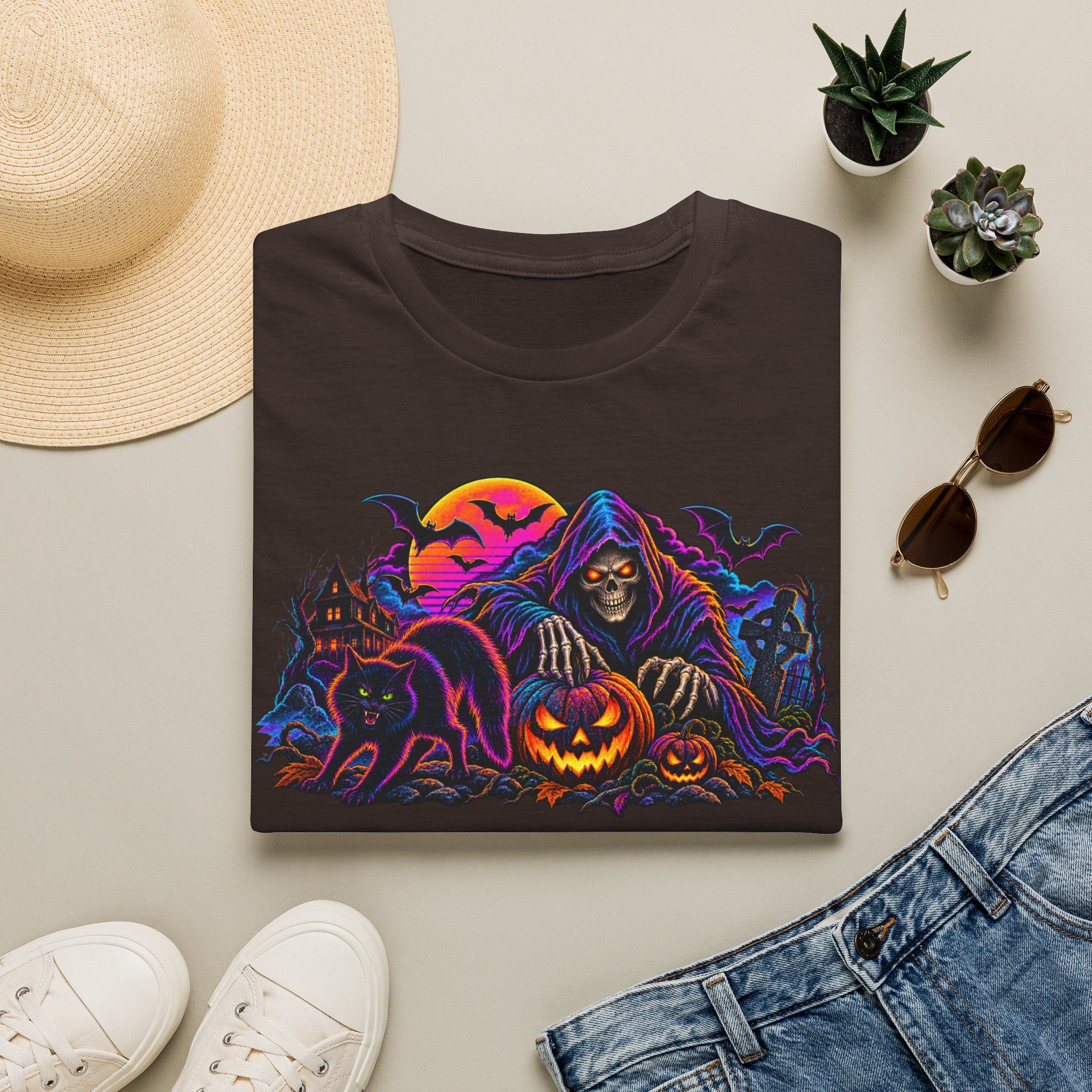 Halloween Grim Reaper T-Shirt — Pumpkin, Bats & Haunted Night Graphic Tee