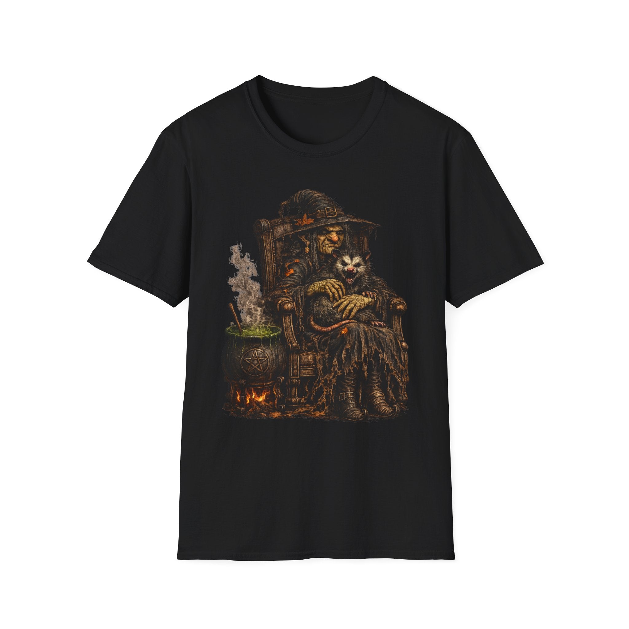 Witch and Possum Graphic T‑Shirt — Cozy Spooky Halloween Tee