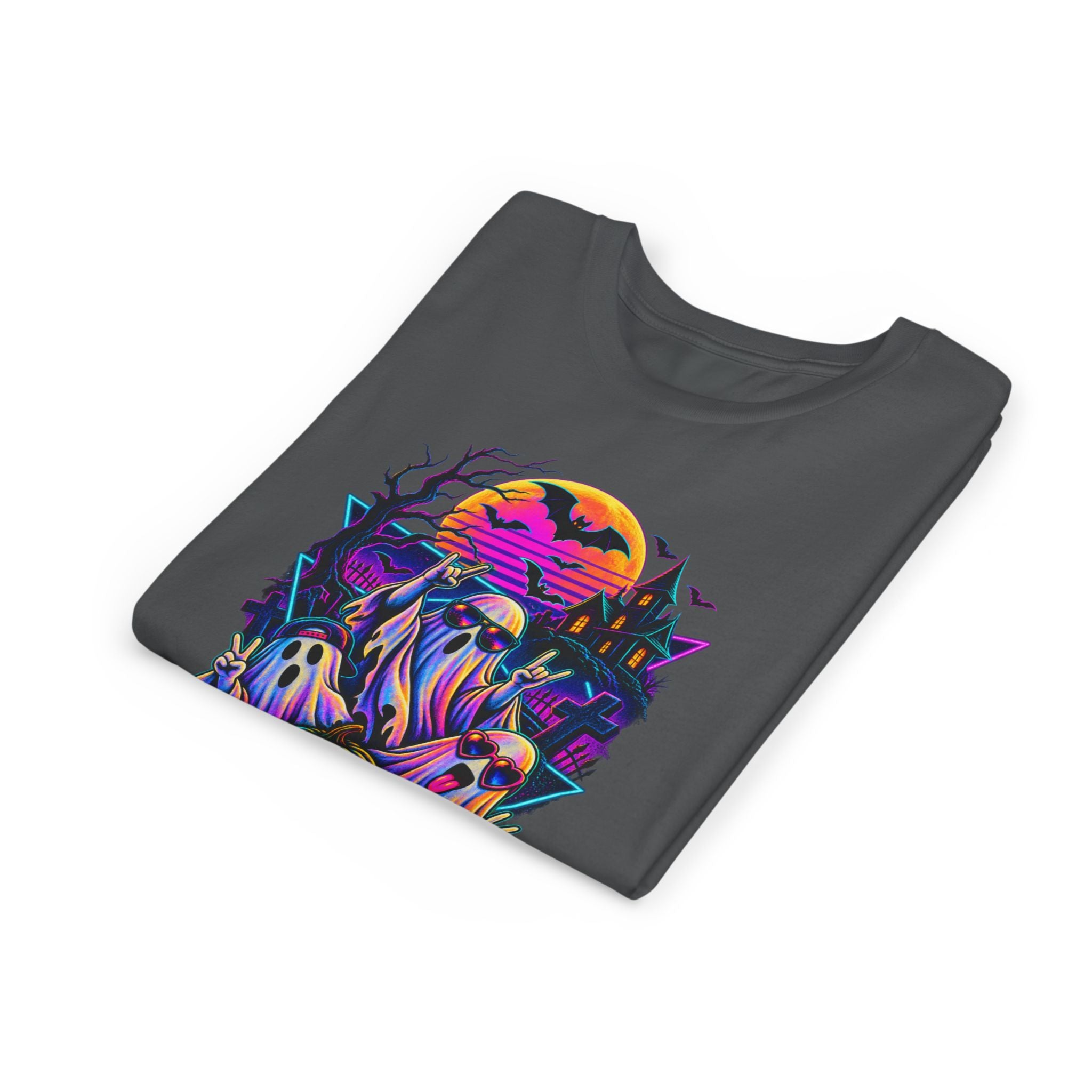 Youth Halloween Ghosts T‑Shirt — Neon Retro Pumpkin Tee