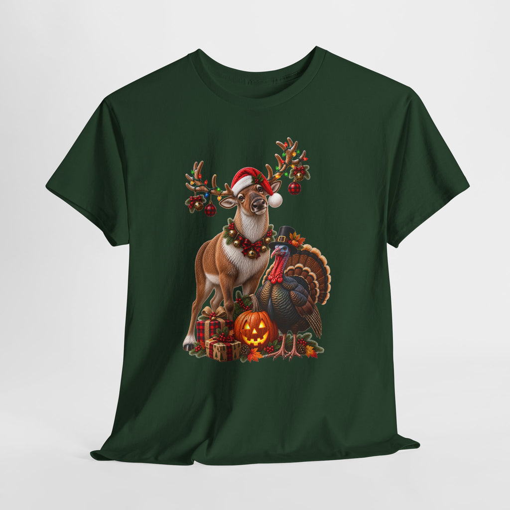 Holiday Mashup Tee — Reindeer with Turkey, Santa Hat & Jack-O’-Lantern
