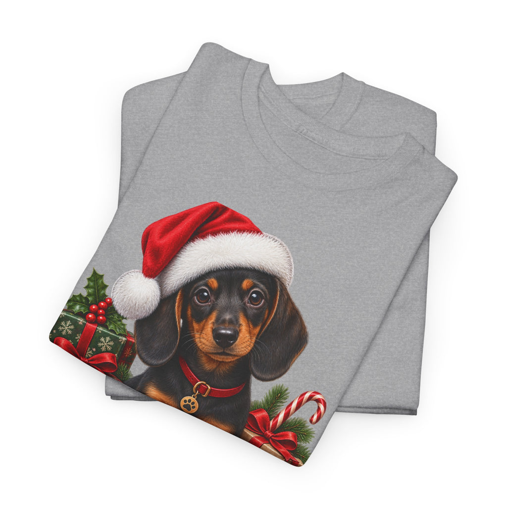 Christmas Dachshund T-Shirt – Cute Puppy in Santa Hat Holiday Tee