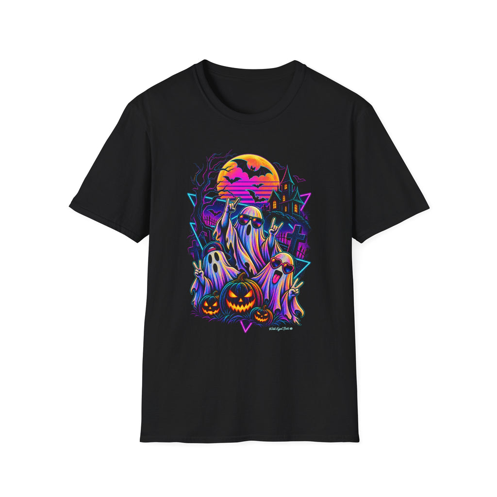 Halloween Neon Ghost T-Shirt — Retro Haunted House Pumpkin Design