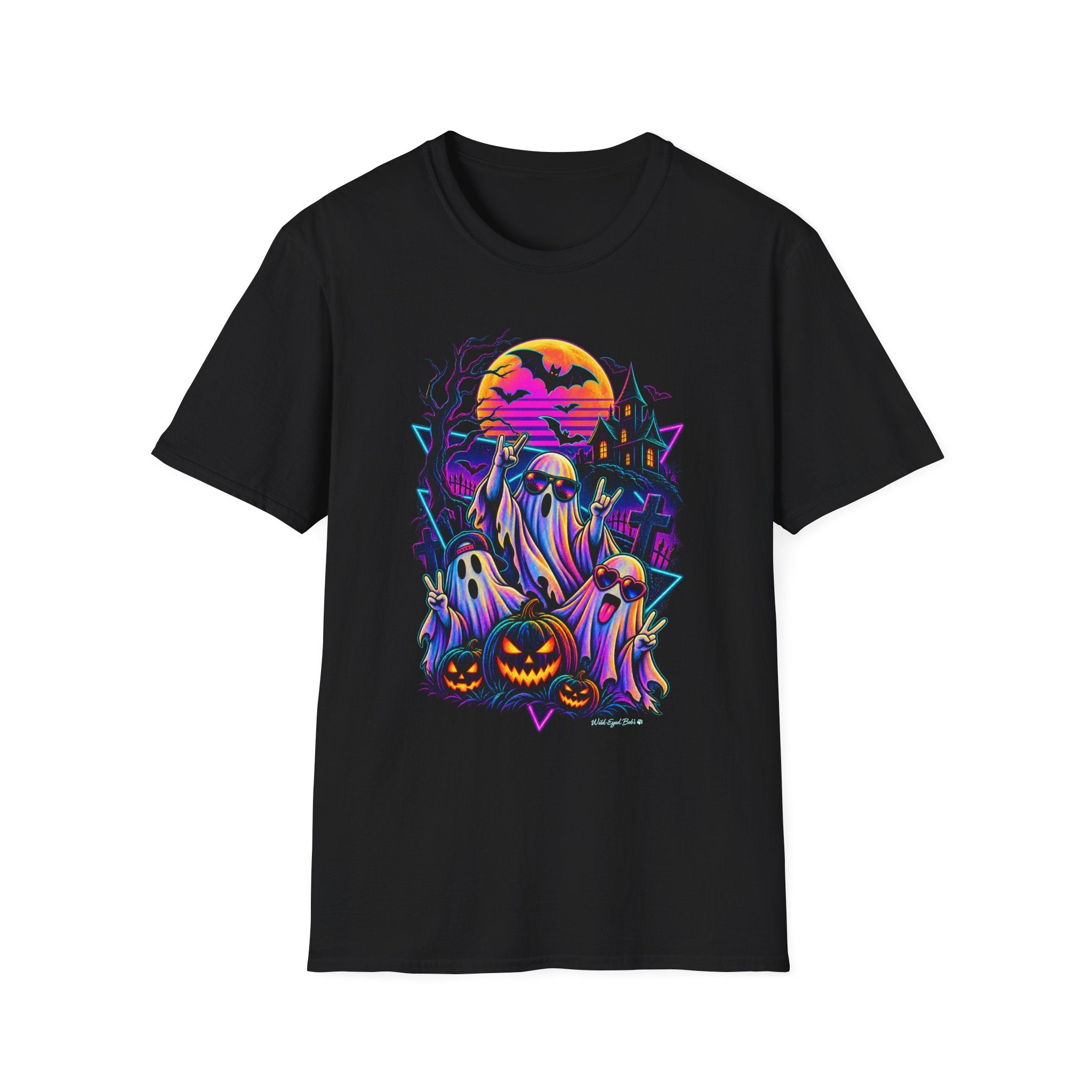 Halloween Neon Ghost T-Shirt — Retro Haunted House Pumpkin Design