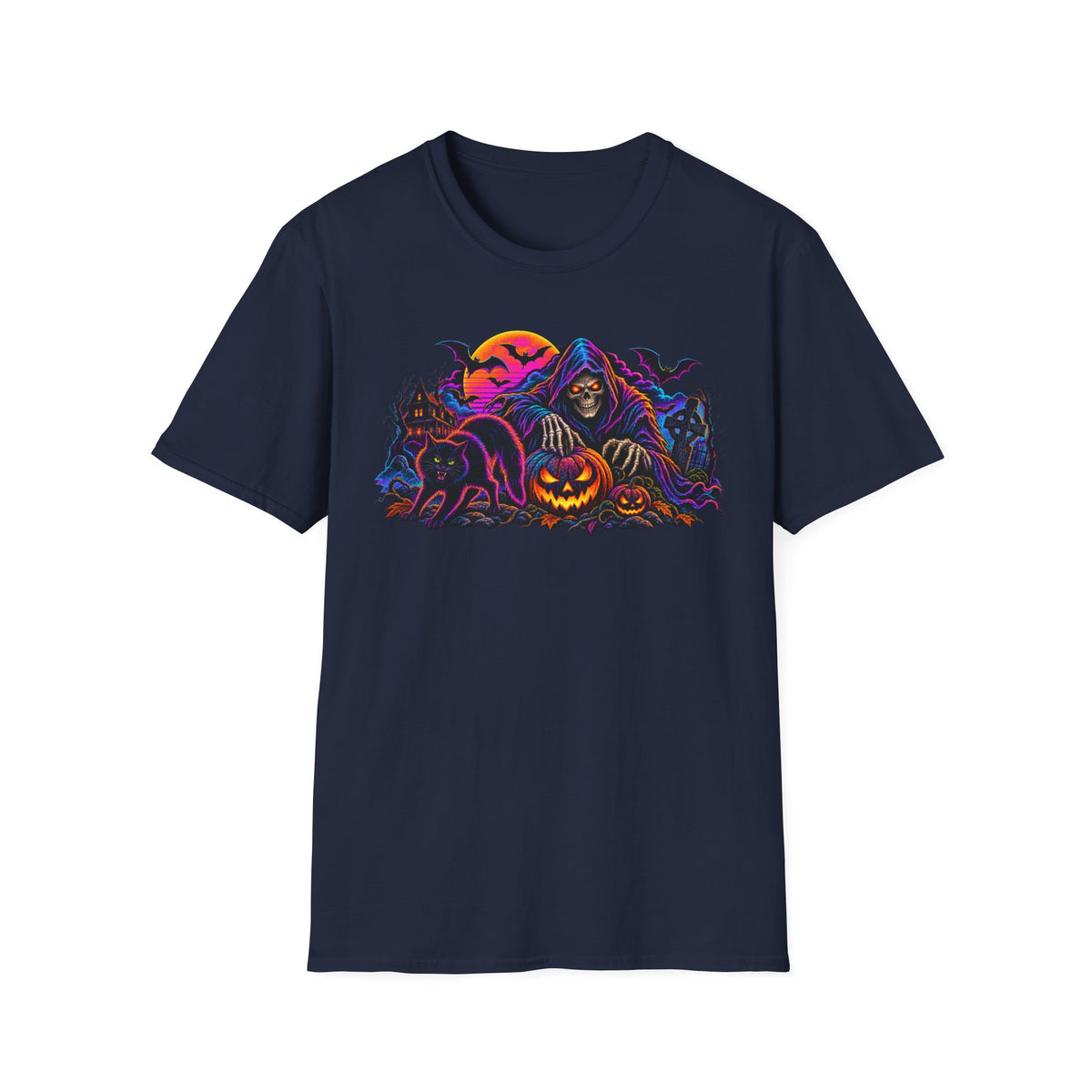 Halloween Grim Reaper T-Shirt — Pumpkin, Bats & Haunted Night Graphic Tee