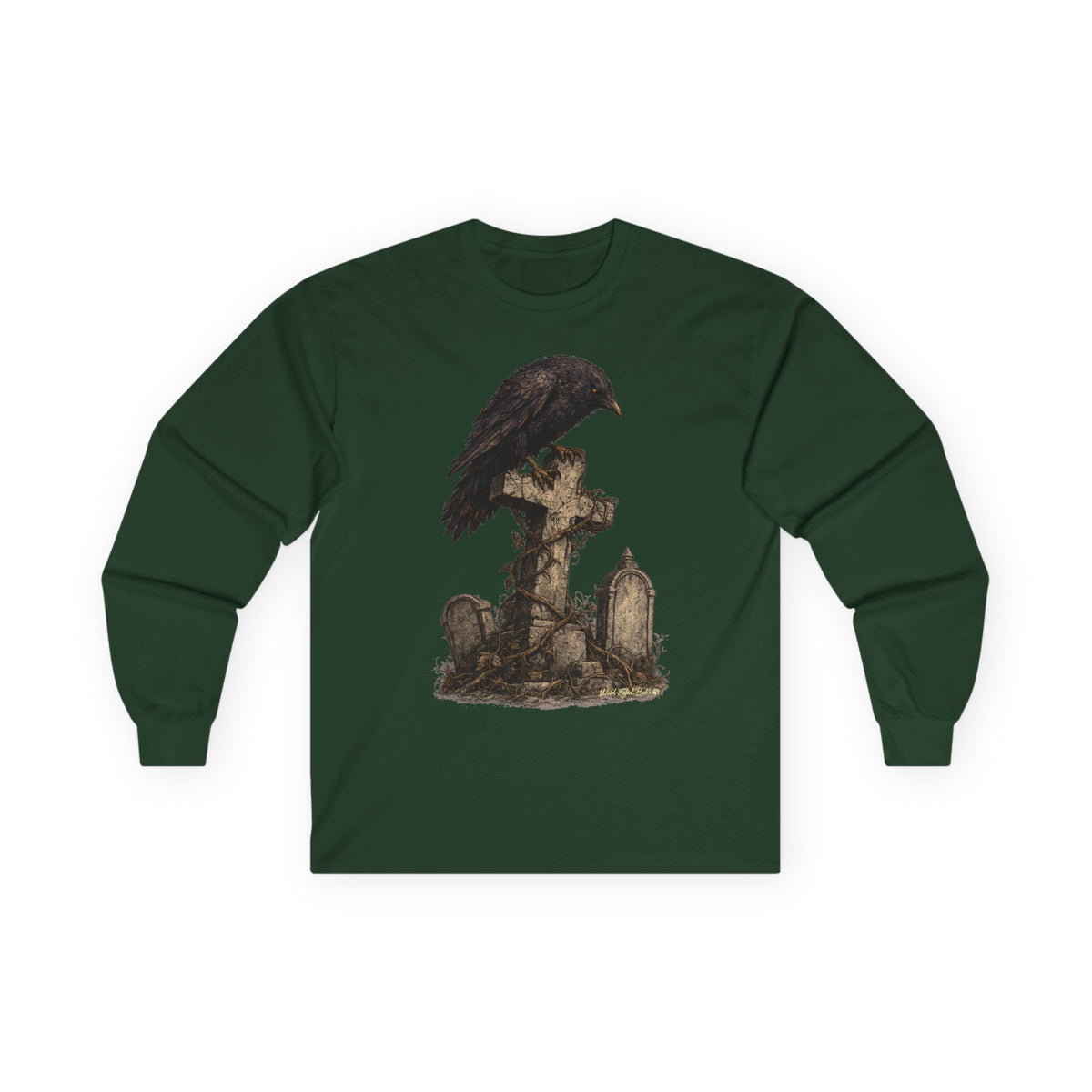 Raven on Gothic Graveyard Cross Long Sleeve Tee-Goth Halloween