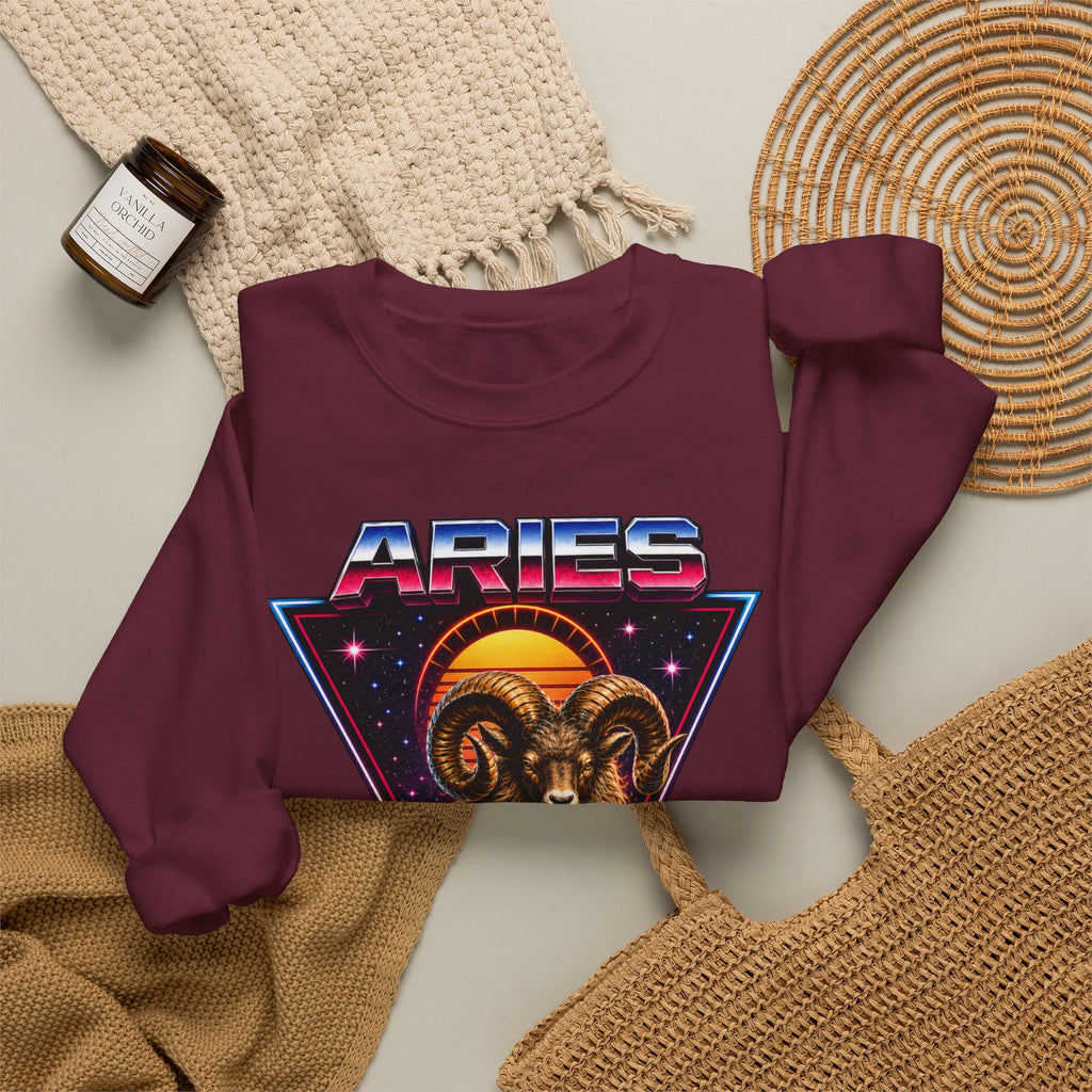 Aries Zodiac Crewneck Sweatshirt — 80s Retro Ram Astrology Graphic