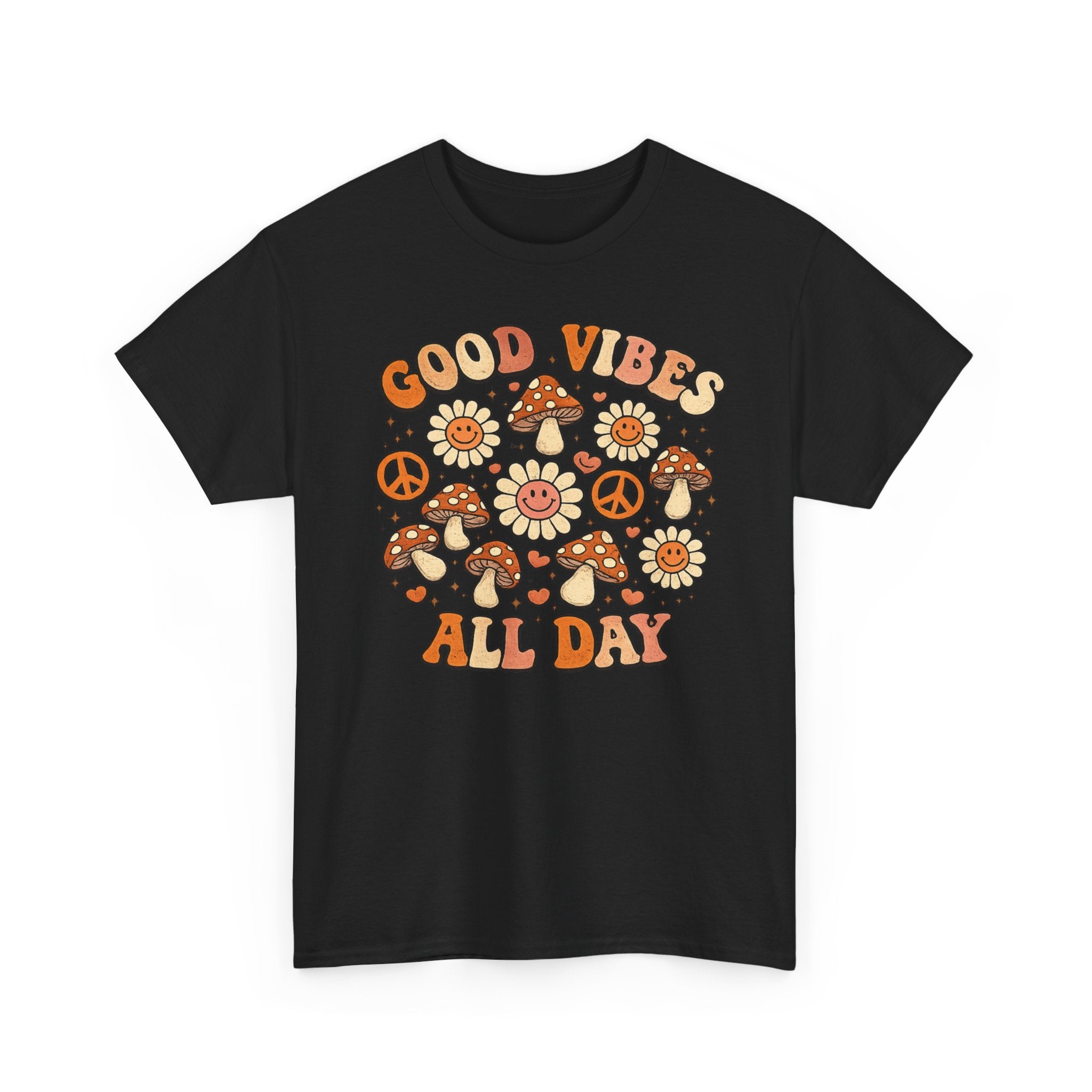 Boho-Good Vibes All Day T-Shirt — Retro Mushroom & Daisy Graphic Tee