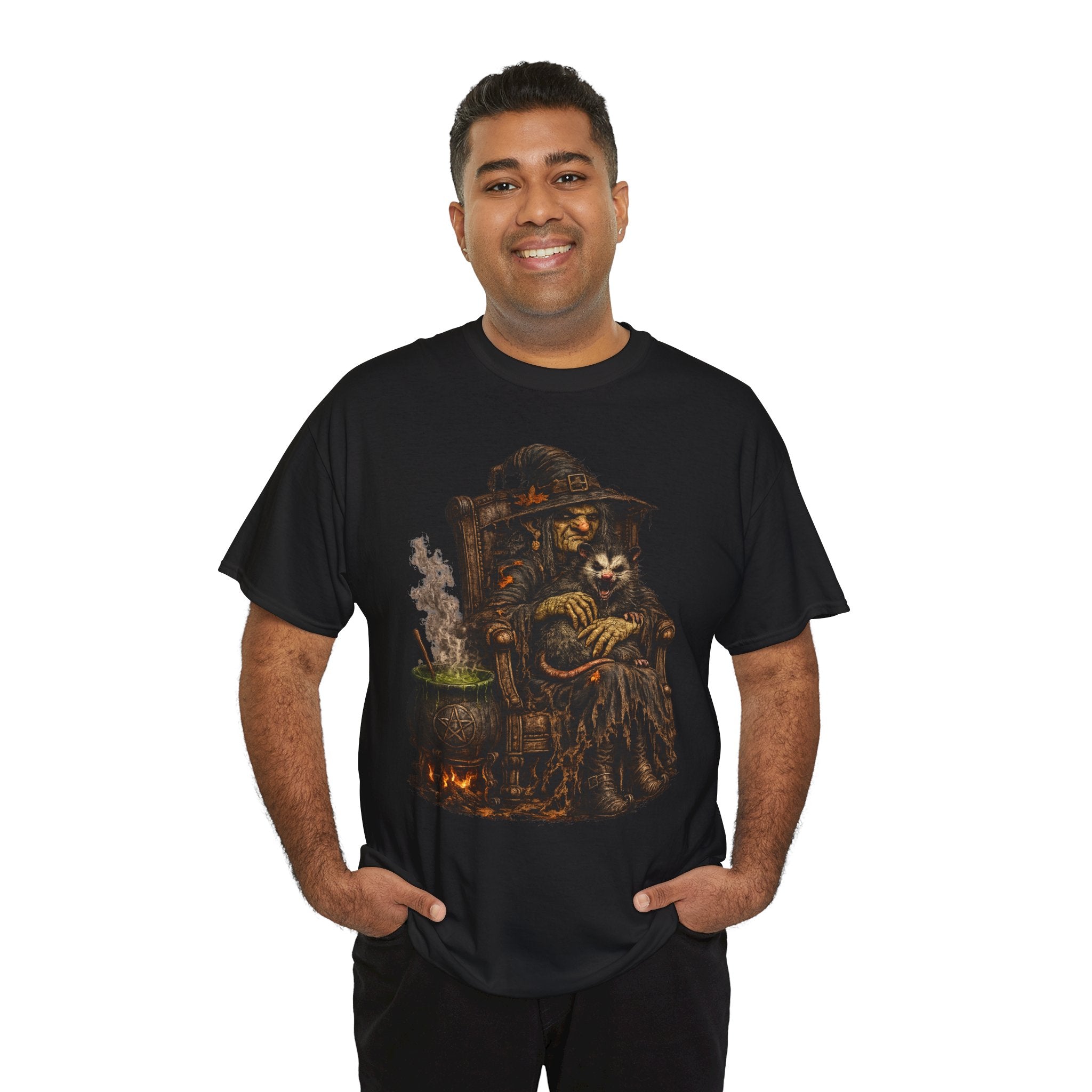 Witch & Possum Cauldron Tee — Vintage Halloween Witchcraft Shirt
