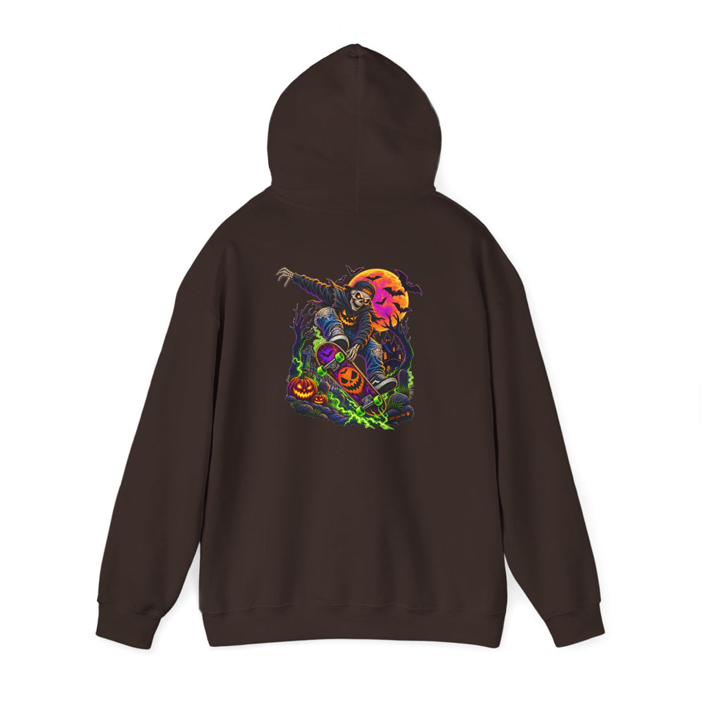 Halloween Skeleton skateboarder Hoodie — Pumpkin Patch Horror Graphic Sweatshirt
