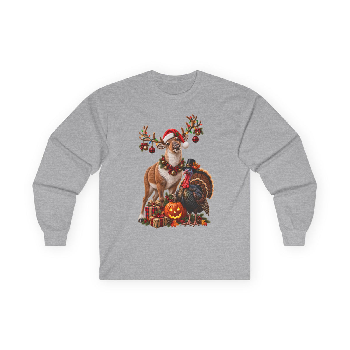 Holiday Reindeer & Turkey Long Sleeve Tee — Festive Halloween to Christmas Mashup