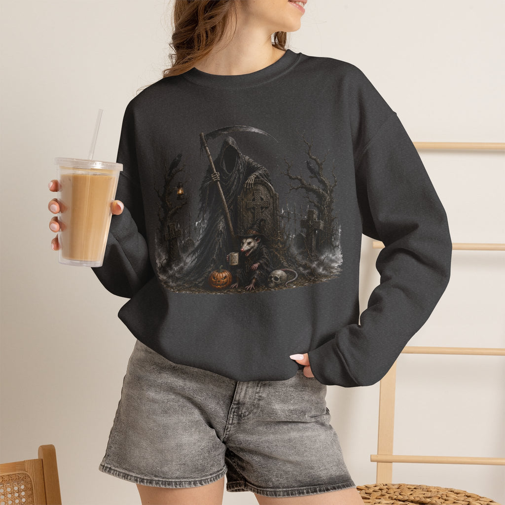 Grim Reaper Halloween Sweatshirt - Spooky Pumpkin & Owl Crewneck