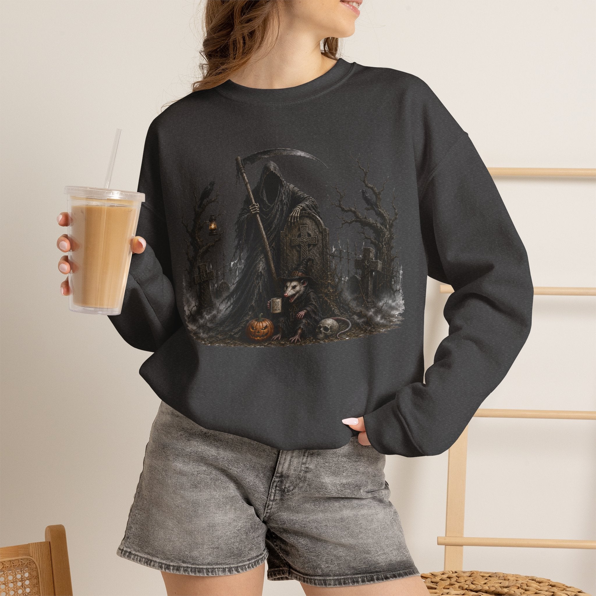 Grim Reaper Halloween Sweatshirt - Spooky Pumpkin & Owl Crewneck