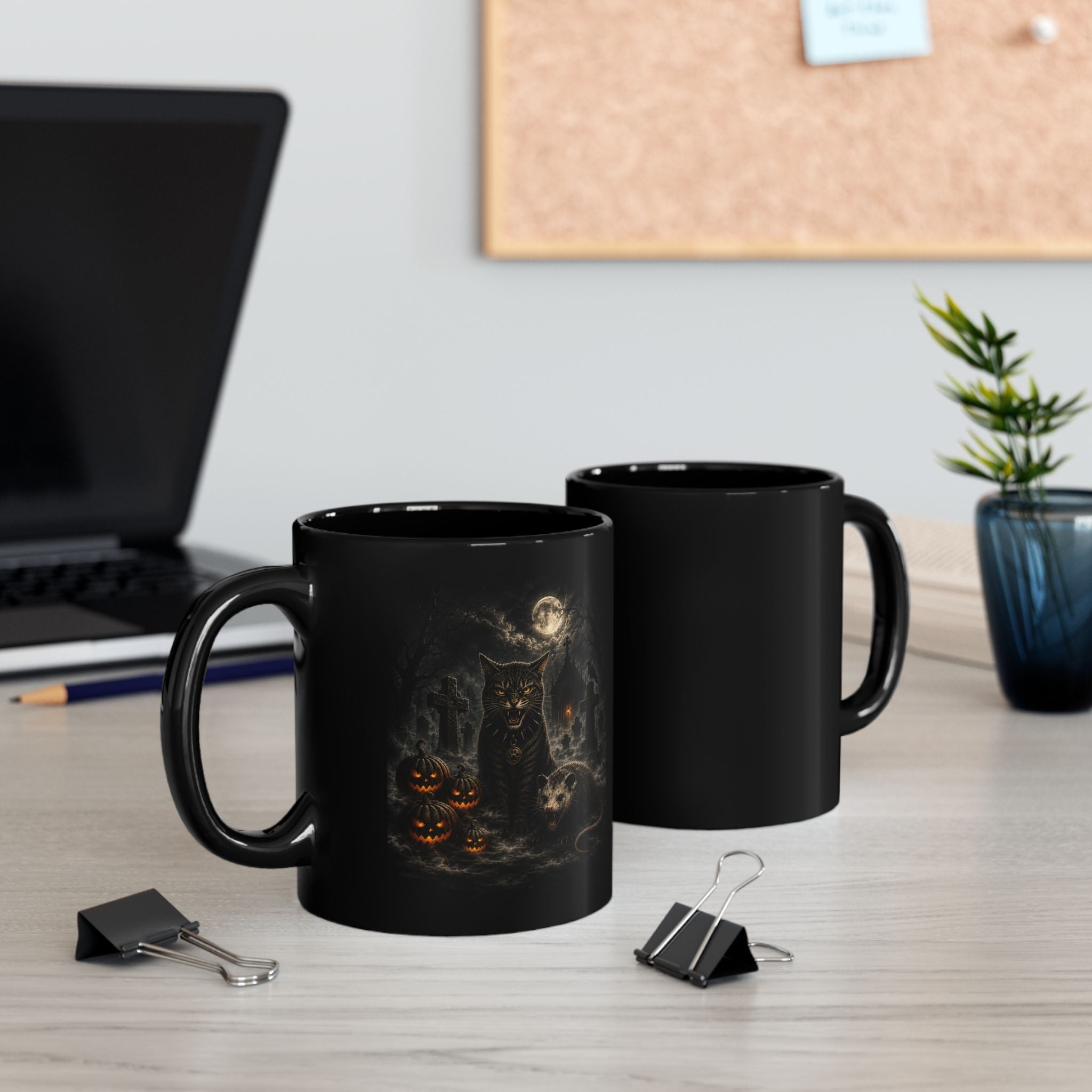 Gothic Cross Black Coffee Mug — Smoky Skull & Rose 11oz/15oz