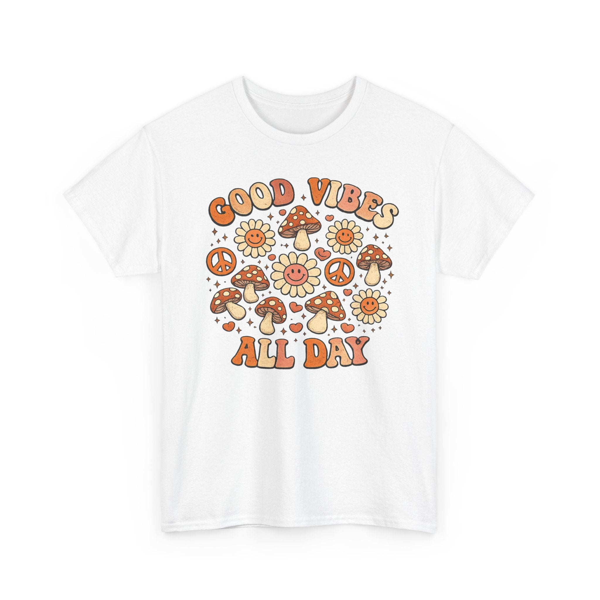 Boho-Good Vibes All Day T-Shirt — Retro Mushroom & Daisy Graphic Tee